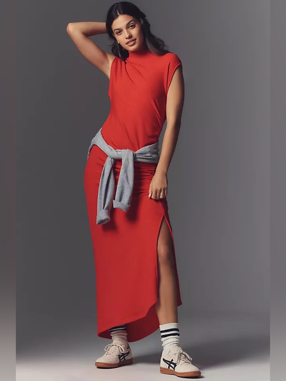 Daily Practice Anthropologie Red Rushed Side Mock Neck Maxi Dress L